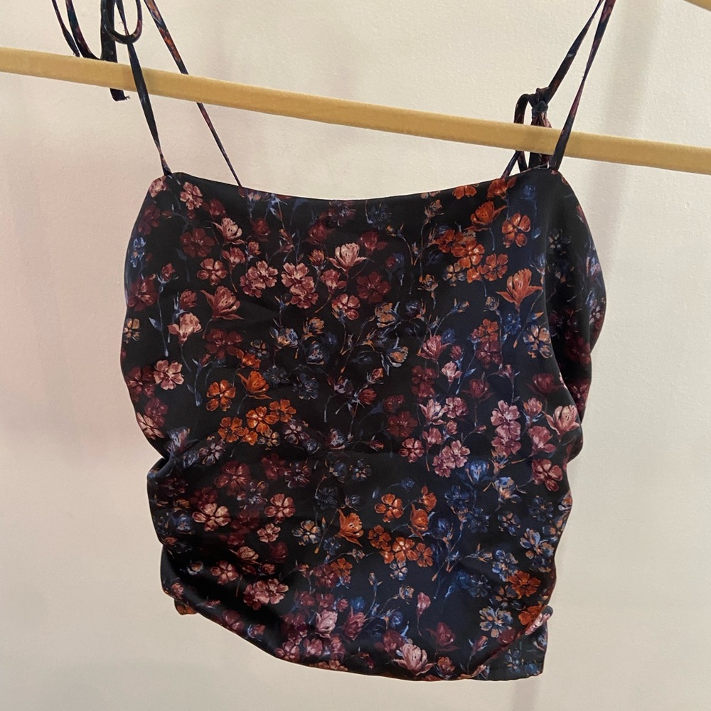 Black floral silk crop top